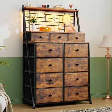 PRICES MAY VARY. 【Unique Dresser with 11 Large Capacity Drawers】Dresser size: 33.9"Wx11.8"Dx51.2"H. The dressers and chests of drawers has extra storage space and can easily hold many clothes and socks, freeing up tons of space in your small room. Tall dresser has 8 large drawers, 3 medium drawers, and 3 wooden shelves. Sorting and organizing is easy! The black dresser is easy to use and is the perfect helper for organizing your room. Multi-functional bedroom dresser can meet all your organizing Dresser With Shelf, Grid Wall Panel, Living Room Closet, Unique Dresser, Functional Bedroom, Dresser Organizer, Open Restaurant, Drawers For Bedroom, Brown Dresser