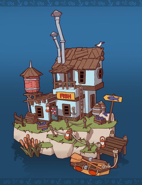 Fishing hut, on ArtStation at https://www.artstation.com/artwork/1xl5yK Fishing Town Concept Art, Fishing Hut Concept Art, Dock Concept Art, Fishing Shack Minecraft, Fishing Village Concept Art, Minecraft Fisherman Hut, Fishing House Minecraft, Minecraft Fishing Hut, School Concept Art