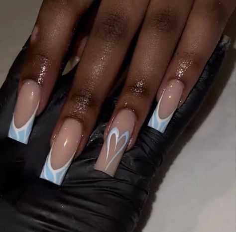 follow for more! Green And Blue Nail Ideas, Blue And White Nails Designs, Short Acrylic Nails Designs Blue, Baby Blue And White Nails, Blue Nail Inspo Acrylic, Blue Square Acrylic Nails, Blue And White Nail Designs, Cute Light Blue Nails, Baby Blue Nails Ideas