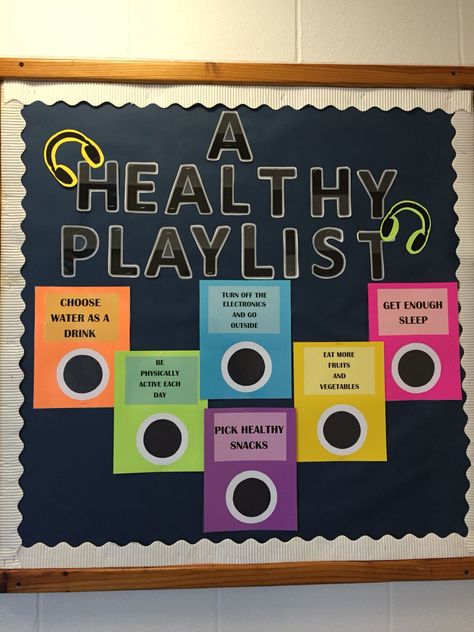 Physical Education bulletin Board #healthyplaylist#PE Active Bulletin Board Ideas, Education Boards Ideas Nursing, Health Related Bulletin Board Ideas, Nutritional Bulletin Board Ideas, Health And Wellness Bulletin Boards College, Health And Pe Bulletin Board, Nurses Board Ideas, Physical Health Bulletin Board, Healthy Living Bulletin Board Ideas