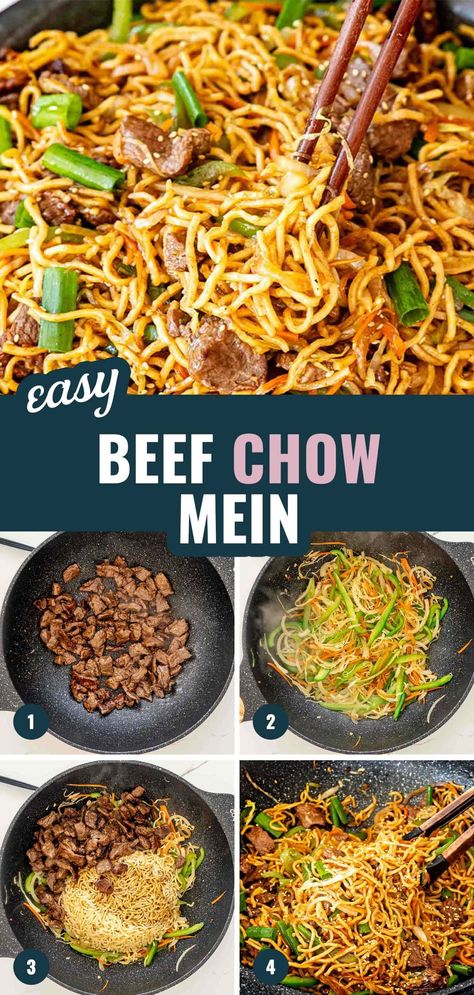 Satisfy your cravings with this easy and irresistible Beef Chow Mein – it's a flavor-packed meal that's sure to become a family favorite! Tender beef, crunchy veggies, and noodles in a mouth-watering sauce. #EasyDinnerIdeas #BeefChowMein Beef Chow Mein Recipe, Low Mein, Recipes With Oyster Sauce, Veggies And Noodles, Dorm Recipes, Beef Chow Mein, Crunchy Veggies, Asian Meals, Homemade Chinese Food