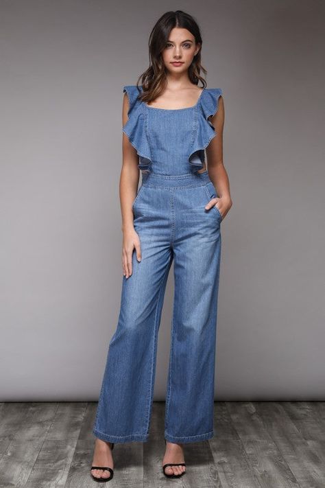 Ruffled Denim Tie Back Jumpsuit - Hippie Vibe Tribe Blue Jumpsuits Outfit, Denim Jumpsuit Outfit, Jumpsuit Jeans, Denim Tie, Luxury Clothing Brands, Denim Pullover, Ruffle Jumpsuit, Jumpsuit Elegant, Jumpsuit Outfit