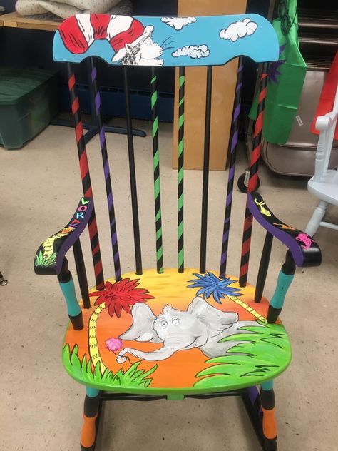 Dr Seuss Chairs, Rocking Chair Redo, Painted Kids Chairs, Painted Wooden Chairs, Chair Painting, Teacher Chairs, Library Seating, Painted Rocking Chairs, Diy Rocking Chair