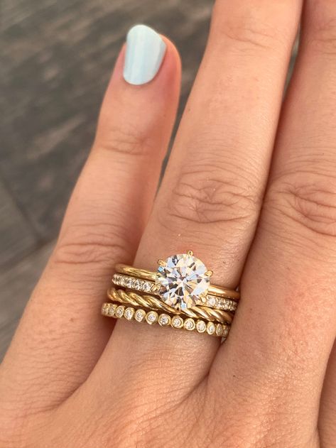 Yellow Gold Engagement Rings: 2021’s Trendiest Metal | Frank Darling Frank Darling, Gold Band Engagement Rings, Yellow Gold Solitaire Engagement Ring, Mixed Metal Ring, Ring Stacks, Prong Engagement Rings, Beautiful Baubles, Stacked Wedding Bands, Mixed Metal Rings