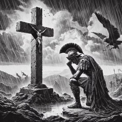 Premium Photo | A Roman soldier kneels at the foot of the cross Soldier Pictures, Soldier Kneeling At Cross, Roman Soldier Tattoo Design, Soldier Kneeling, Roman Soldiers Art, Roman Soilder Art, Jesus Photos, Roman Crucifixion, Roman Soldier