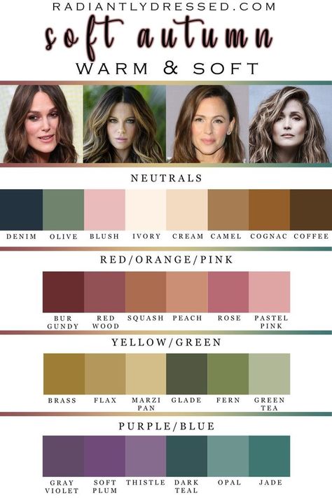 Color Palette Capsule Wardrobe, Radiantly Dressed, Autumn Color Palette Fashion, Soft Autumn Palette, Autumn Skin, Soft Autumn Color Palette, Autumn Color Palette, Picturesque Landscape, Deep Autumn