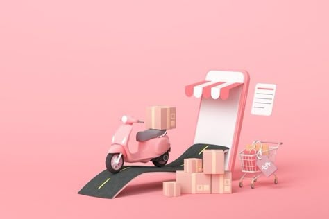 Small Convenience Store, Delivery Scooter, Light Pink Background, Express Logo, Online Shop Design, 3d Photo, Instagram Creative, Graphic Design Tutorials, 3d Render