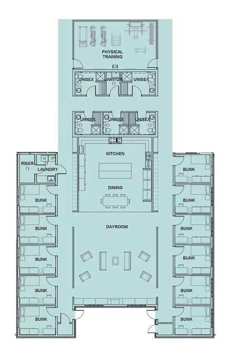 While there are a number of approaches to designing sleeping areas, restrooms and locker areas to address privacy and mix of gender, a high percentage of departments are opting for a more gender-neutral approach. Pictured here is the Buckley, WA, Fire Department&apos;s living quarters, which includes individual bunk rooms with study areas included and single-occupancy toilets that include showers. Fire Station Design, Prison Architect, Parking Plan, School Floor Plan, Multigenerational House Plans, Dorm Room Layouts, Multigenerational House, Building Design Plan, Hotel Floor Plan