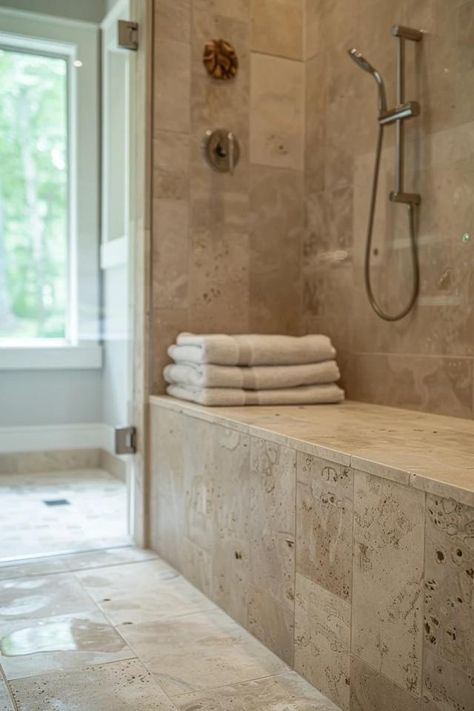 How To Clean Travertine Shower Tile: Natural Stone Care How To Clean Travertine Tile Showers, Natural Stone Bathroom Tiles, Updated Travertine Bathroom, Travertine Bathroom Modern, Travertine Bathroom Update, Stone Shower Ideas, Bathroom Limestone, Natural Stone Tile Bathroom, Roman Bathroom