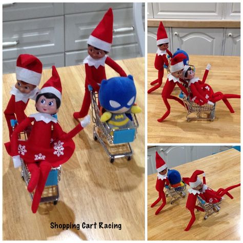 1st December- Jingles & Peppermint are joined by their friends Tinsel & Batgirl racing in shopping carts. #elfontheshelf #elfontheshelf2016 #elfontheshelfaustralia Xmas Elf, Shopping Carts, Batgirl, Elf On The Shelf, Shopping Cart, Peppermint, Elf, Holiday Decor