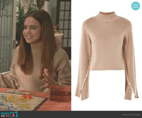 Grace’s beige lace-up sleeve sweater on Good Witch.  Outfit Details: https://wornontv.net/100830/ #GoodWitch Good Witch Outfits, Hallmark Good Witch, Witch Dresses, Witch Outfits, Madison Grace, Tv Outfits, Princess Closet, Bailee Madison, Witch Dress