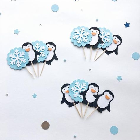 Penguin Cupcake Toppers Blue Penguin Boy Baby Shower Snowflake | Etsy Penguin Cupcakes, 60th Birthday Banner, Penguin Theme, Onederland Party, Penguin Birthday, Winter Wonderland Decorations, Winter Onederland Party, 16 Birthday Cake, Highchair Banner