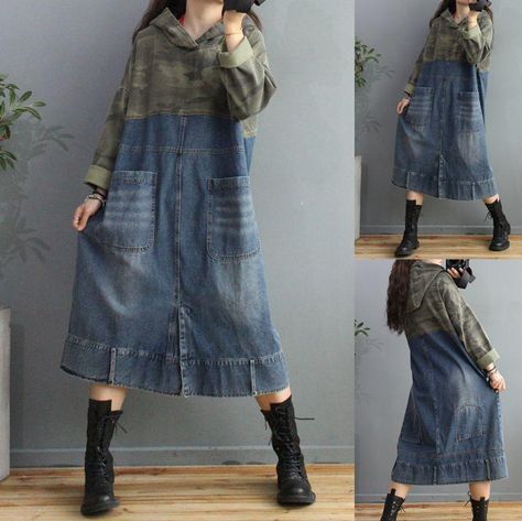 Plus Size Camouflage Leopard Pattern Denim Denim Dress For Women With Hood For Autumn And Spring Slimming And Loose Fit 210325 From Dou01, $50.15 | DHgate.Com Denim Dresses For Women, Dresses To Make, Altered Clothing, Camo Dress, Denim Dresses, Blue Camouflage, Hooded Dress, Dress Stores Online, Korean Dress