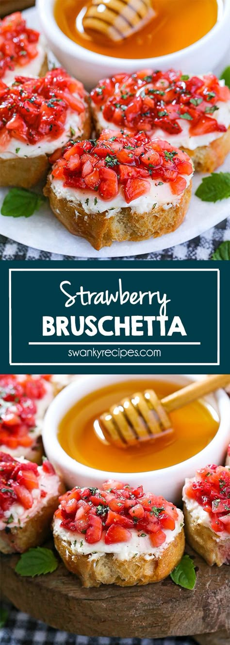 Dinner With Strawberries, Easy Easter Recipes Appetizers, Salsa Appetizers Appetizer Ideas, Strawberry Appetizers For Party, Strawberry Finger Food, Valentines Bruschetta, Finger Foods Appetizer Recipes Summer, Strawberry Savory Recipes, Strawberry Recipes Savory