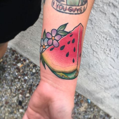 Traditional Style Fruit Tattoo, Traditional Watermelon Tattoo, Neo Traditional Fruit Tattoo, Melon Tattoo, Tiny Watermelon Tattoo, Fruit Tattoos, Watermelon Tattoo, Cherry Tattoo, Watermelon Flower