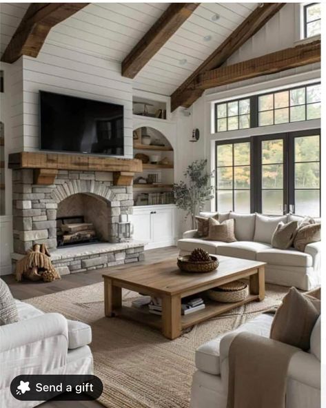 Modern Log Home Interiors, Affordable Farmhouse Kitchen, Modern Log Home, French Country Ideas, Cottage Fireplace, Johnson House, Indoor Outdoor Fireplaces, Log Home Interiors, Huge Houses