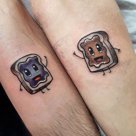 Peanut Butter and Jelly Peanut Butter And Jelly Tattoo, Jelly Tattoo, Lace Bow Tattoos, Donut Tattoo, Anniversary Tattoo, J Tattoo, Brother Tattoos, Pumpkin Tattoo, Small Couple Tattoos