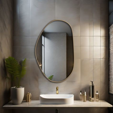 "Wavy Irregular Shaped Mirror, Modern Asymmetrical Gold Framed Mirror, Aesthetic Bathroom Mirror, Modern Home Decor, Large Mirror  ✦ Wooden mirrors can brighten, enlarge and make any room more inviting. Choosing the right mirror is a great way to express your style and add a unique touch to your home. Wooden mirrors can be used in your entrance hall, living room, bedroom, bathroom and even outdoors. ✦ Our mirrors are available in different sizes so you can find the perfect one for every room. You can use a mirror to make a small room look larger, or hang several mirrors on the wall to add depth and dimension to the room. ❆ DIMENSIONS: (length x width): ✦ XSmall : 35cmx22cm | 13.8\"x9\" Inches ✦ Small :50cmx31cm | 19.7\"x12.2\"  Inches ✦ Medium  : 65cmx41cm | 25.6\"x16\"  Inches ✦ Large : 8 Half Bath Mirrors, Gold Bathroom Mirror Ideas, Washroom Mirror Ideas, Half Bath Mirror, Luxury Bathroom Mirror, Aesthetic Bathroom Mirror, Silver Bathroom Mirror, Irregular Shaped Mirror, Washroom Mirror