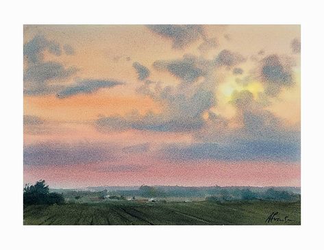 Andy Evansen,  "Country Sunset" Sunset Reference, Dusk Watercolor, Watercolor Sunsets, Watercolour Sunset, Andy Evansen, Country Sunset, Composition Painting, Mediums Of Art, Watercolor Sky