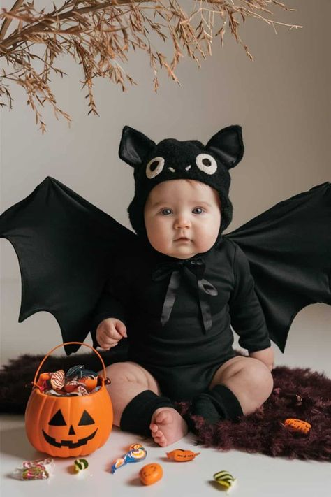 A baby dressed in an adorable bat costume, lying on a flat surface. The baby is wearing a black outfit with bat wings spread out, and a matching black hat with cute eyes and small ears. Newborn Bat Costume, Baby Bat Photoshoot, Bat Baby Costume, Diy Baby Bat Costume, Easy Diy Baby Halloween Costumes, Diy Halloween Baby Photoshoot, Diy Bat Costume Kids, Fantasia Halloween Bebe, Bat Costume Diy