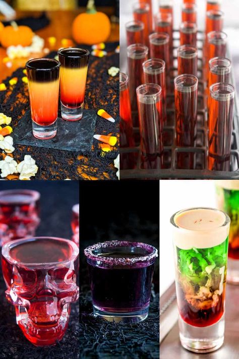 Halloween Shots Alcohol Recipes, Halloween Drink Garnish Ideas, Halloween Shots Recipes Easy, Halloween Drinks Shots, Best Halloween Shots, Halloween Party Shots Alcohol, Halloween Shot Recipes Alcoholic, Fun Halloween Shots, Spooky Halloween Shots