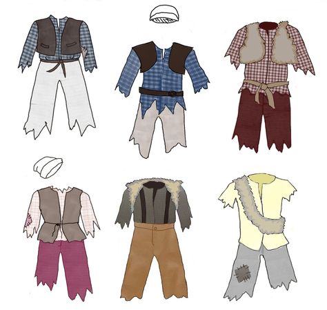 Costume sketch-ups with fabric patterns. Boys Costumes Diy, Under The Sea Costume Ideas, Sea Costume Ideas, Under The Sea Costume, Peter Pan Kostüm, Lost Boys Costume, Peter Pan Musical, Peter Pan Play, Peter Pan Costume Kids