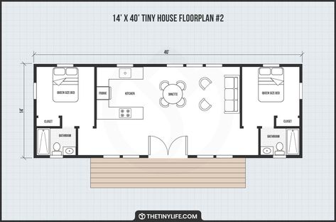 14 x 40 Tiny Home Designs, Floorplans, Costs and More - The Tiny Life Tiny Home Floorplan, Two Bedroom Tiny House, Tiny Home Designs, Building A Custom Home, Shed Tiny Home, Shed Floor Plans, Off Grid Tiny House, Small Floor Plans, Tiny House Layout