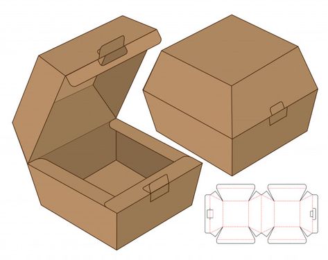 Box packaging die cut template design. 3d Premium Vector Box Packaging, Take Out Box Template, Cute Food Packaging Design, Food Packaging Template, 3d Paper Food Templates, Food Box Template, Box Packaging Design Templates, Food Packaging Ideas, Cute Packaging Ideas