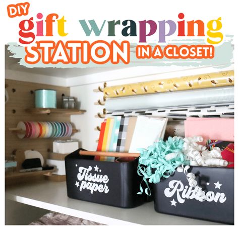 Diy Wrapping Station, Gift Wrap Station, Gift Bag Storage, Washi Tape Dispenser, Bow Storage, Gift Wrapping Station, Wrapping Station, Pegboard Organization, Wrapping Paper Rolls