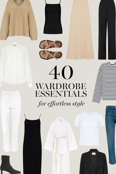 40 Minimalist Wardrobe Essentials for Effortless Style Collage Idea Classic Items Wardrobe, Capsule Wardrobe Early 20s, All Year Wardrobe Essentials, Minimalist Must Have Clothes, Simple Minimalist Wardrobe, Winter Basics Wardrobe Minimal Classic, Essential Dresses For Women, Key Items For Your Wardrobe, Building A Staple Wardrobe