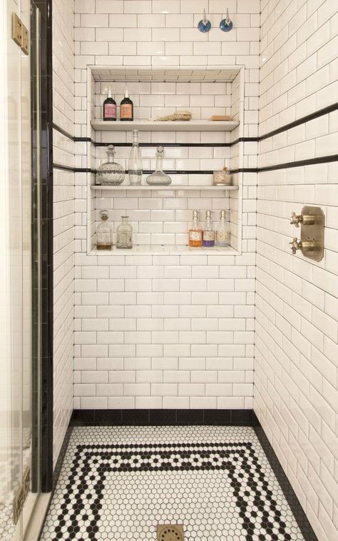 Love the black and white subway tiles, hexagonal tiles and custom recessed niche in this shower Art Deco Bathroom, Deco Bathroom, White Subway Tiles, Bad Inspiration, Classic Bathroom, Bohol, Tile Flooring, Estilo Art Deco, Dream Bathroom