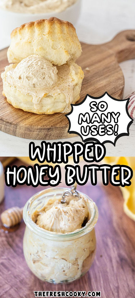 A fresh hot biscuit with a scoop of whipped honey butter on top and in a jar with a spreader. Jim N Nicks Honey Butter Recipe, Best Honey Butter Recipe, Homemade Flavoured Butter, Making Flavored Butter, Diy Whipped Butter, Recipe For Honey Butter, Heavy Whipping Cream Butter Recipes, Honey Butter Recipe Easy, Apple Honey Butter