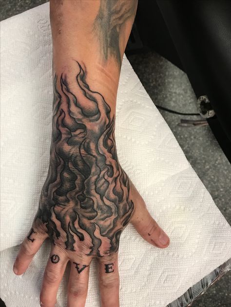 Flames Tattoo Hand, Fire Sleeve Tattoos For Guys, Hand Tattoos Flames, Flame Hand Tattoo Men, Raw Hand Tattoos, Fire Tattoo On Hand, Fire On Hand Tattoo, Otf Hand Tattoo, Hand Filler Tattoos