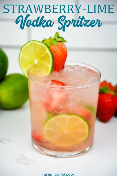 Strawberry Lime Vodka Spritzer is a refreshing cocktail recipe made with fresh fruit, vodka, and soda water for a low-carb cocktail. Infused Vodka Recipes Diy, Vodka Soda Drinks, Club Soda Drinks, Strawberry Vodka Drinks, Fruity Vodka Drinks, Summer Vodka Drinks, Vodka Soda Cocktails, Titos Vodka Recipes, Alcoholic Drinks Vodka