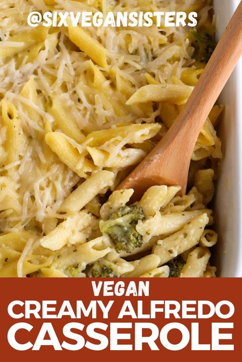 This dish is creamy, cheesy, and baked to perfection! Plus, it's completely vegan. #vegan #vegandinner #veganrecipe #vegetarianrecipe #vegetarianmeals #veganpasta #sixvegansisters Six Vegan Sisters, Alfredo Casserole, Pasta Casserole Recipes, Vegan Pasta Dish, Vegan Alfredo, Vegan Casserole, Pasta Casserole, Vegan Main Dishes, Alfredo Pasta