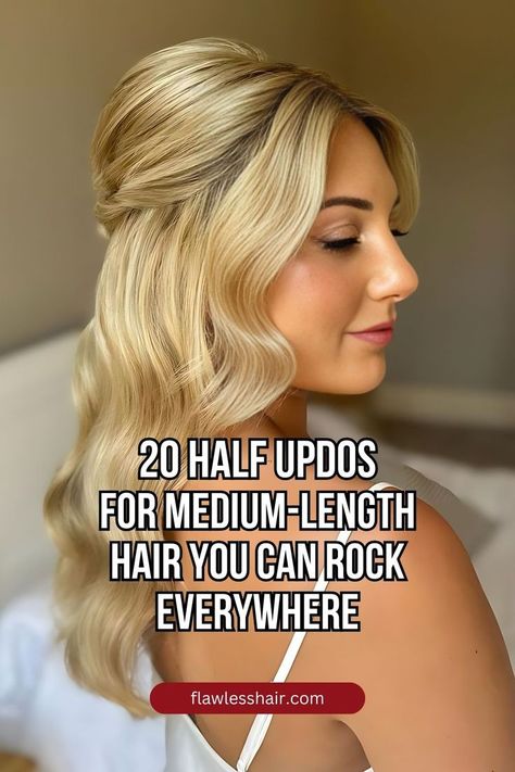 Soft Bridal Half Updo Wedding Hair Medium, Wedding Hair Medium Length, Medium Length Blonde Hair, Updos For Medium Length Hair, Wedding Hairstyles Half Up Half Down, Half Updo, Hair Medium, Medium Length Hair, Wedding Updo