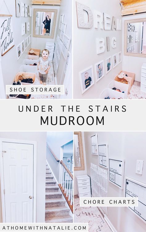 Sharing all the budget friendly details of how we turned our Under the Stairs space into our Mudroom - Chore Charts, shoe storage, sock bins and more! Under Stair Mudroom, Under The Stairs Mudroom, Under Stairs Mudroom Ideas, Under Stairs Mudroom, Shoe Rack Under Stairs, Stairs Mudroom, Space Under Stairs, Closet Under Stairs, Toddler Play Area