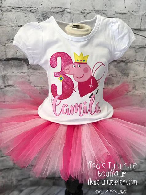 Celebrate your princesss special day with this personalized Peppa tutu outfit. Set includes shirt and tutu. When ordering please note your childs age and name. Failure to do so may delay shipment. If you need a size other than what is listed please contact me for a price quote. If Peppa Pig Birthday Outfit, Peppa Pig Outfit, Peppa Pig Dress, Ribbon Tutu, Pig Dress, Ribbon Trim Tutu, Pig Birthday Party, Peppa Pig Birthday Party, Birthday Tutu Outfit