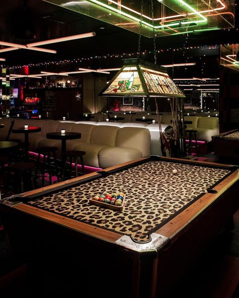 Architectural Stage Left | Leopard print pool table 🐆🎱🏊‍♂️ Spot on 🎯🐆 | Instagram Backyard Bar With Pool Table, Leopard Print Pool Table, Pool Table Art, Aesthetic Pool Table, Pink Pool Table, Pool Table Aesthetic, Pool Room Ideas, Apartment Table, Maximalist Interior Design