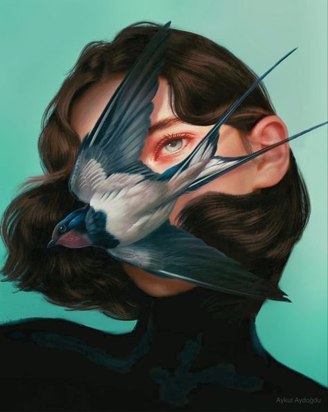 Surreal Art: Realistic painting of a young woman behind a barn swallow by Turkish artist / illustrator Aykut Aydoğdu. Enigmatic and laced with symbolism. Birds, On Instagram, Instagram, Art