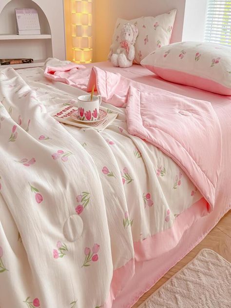 Cute Bedspreads, Hot Pink Bedding, Kawaii Bedding, Pink Bed Sheets, Future Bedroom, Summer Bedroom, Bedroom Stuff, Bed Sheet Sizes, Comforter Bed