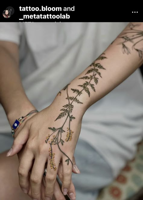 Plant Wrist Tattoos For Women, Herb Sleeve Tattoo, Ivy Tattoo Hand, Fern Wrist Tattoos For Women, Climbing Flower Tattoo, Green Vine Tattoos For Women, Nature Hand Tattoos For Women, Leaf And Vine Tattoos, Vegetation Tattoo