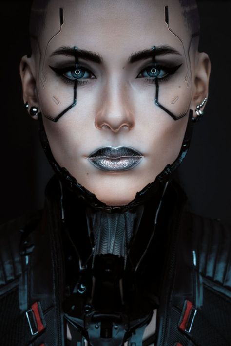 Cyberpunk Face Tattoo, Robot Makeup Look Simple, Cyberpunk Makeup Men, Cyberpunk Eye Makeup, Cyberpunk 2077 Fashion, Robot Makeup Cyborgs, Cyberpunk Hairstyles Women, Cyberpunk Makeup Ideas, Cybernetic Face