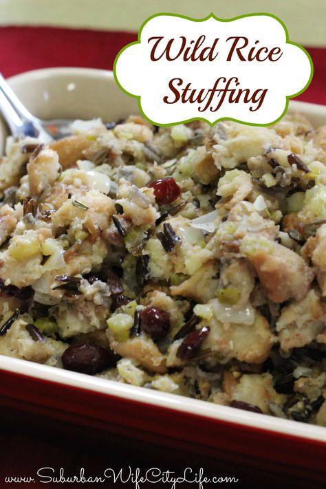 Wild Rice Stuffing | Suburban Wife, City Life Wild Rice Stuffing Recipes, Corn Bread Stuffing, Cranberry Sausage, Rice Stuffing Recipes, Traditional Thanksgiving Dinner Menu, Stuffing Cranberry, Wild Rice Stuffing, Gluten Free Stuffing Recipes, Stuffing Thanksgiving