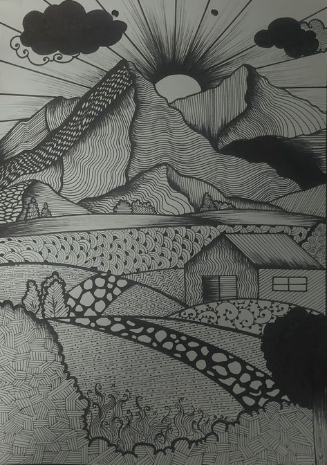 Drawings With Only Straight Lines, Sharpie Landscape Drawings, Elements Of Line Drawing, Different Types Of Lines Drawing, Line Value Drawings, Landscape Pattern Design, Landscape Doodle Art, Types Of Lines Art Drawing, Texture Element Of Art Drawings