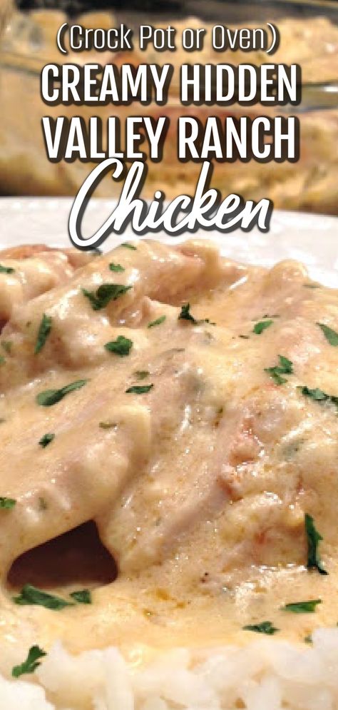 This image shows creamy ranch chicken served over white rice on a plate. Creamy Hidden Valley Ranch Chicken, Creamy Mississippi Chicken, Crock Pot Ranch Chicken Recipes, Ranch Chicken In Crockpot, Popular Crockpot Recipes, Creamy Ranch Chicken Crockpot, Chicken In Crockpot Recipes, Crock Pot Cooking Chicken, Chicken In Crock Pot Recipes