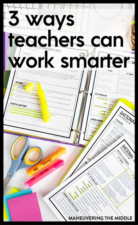 Teachers have lots to do and not a lot of time to do it. Here are our 3 tips for increasing teacher productivity. | maneuveringthemiddle.com Type A Teacher Organization, High School Teacher Hacks, High School Teacher Aesthetic, Business Education Classroom, Teacher Coaching, Teacher Productivity, Teacher Time Management, Curriculum Planner, Teacher Preparation