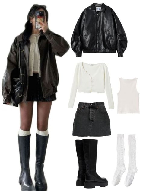 Leather Jacket Tank Top Outfit, Style A Skirt In Winter, Back Boots Outfit, New York Leather Jacket Outfit, Tank Top Jacket Outfits, Denim Skirt And Leather Jacket, Outfit With A Leather Jacket, Outfit Inspo With Boots, Outfits With Black Leather Boots