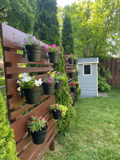 Hanging Flower Pots On Fence, Wall Hanging Flower Pots Outdoor, Hanging Pots On Fence, Plants Hanging On Fence, Garden Flower Wall Ideas, Pots On Fence, Plants On Fence, Cheap Privacy Fence Ideas, Fence Ideas Garden