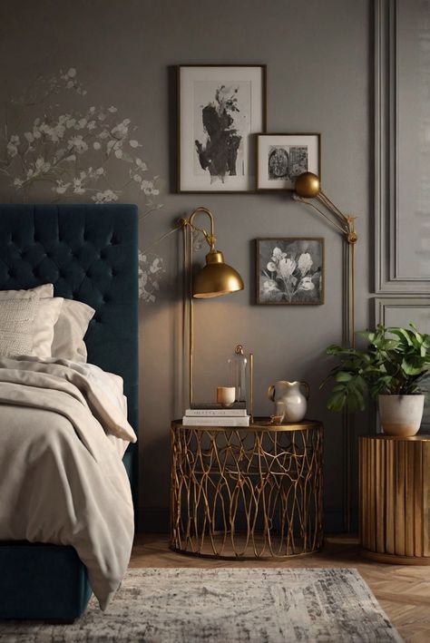 nightstand decor, bedroom decor ideas, bedside table styling, bedroom interior design Gold And Gray Bedroom, Nightstand Decor Ideas, Grey And Gold Bedroom, Fall Furniture, Bedroom Ambiance, Neutral Fall Decor, Nightstand Decor, Gold Bedroom, Trendy Decor